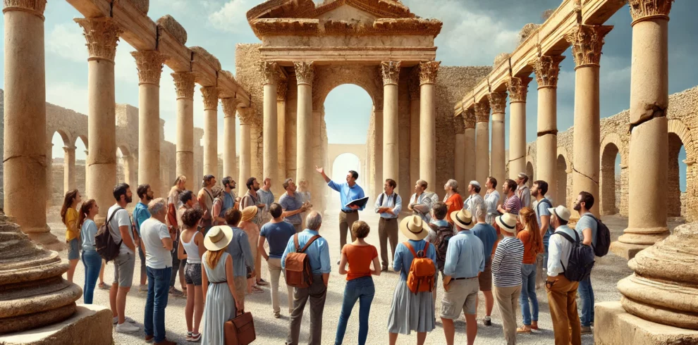 A diverse group of people of all ages, accompanied by knowledgeable WalymelTravel guides, exploring the historic ruins of Carthage. The scene shows an