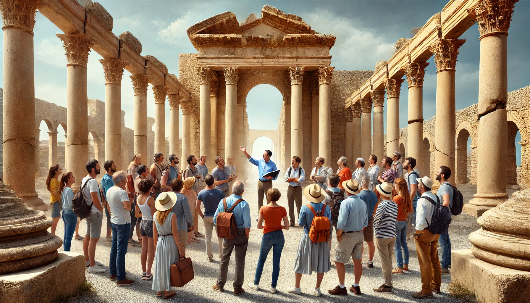 A diverse group of people of all ages, accompanied by knowledgeable WalymelTravel guides, exploring the historic ruins of Carthage. The scene shows an