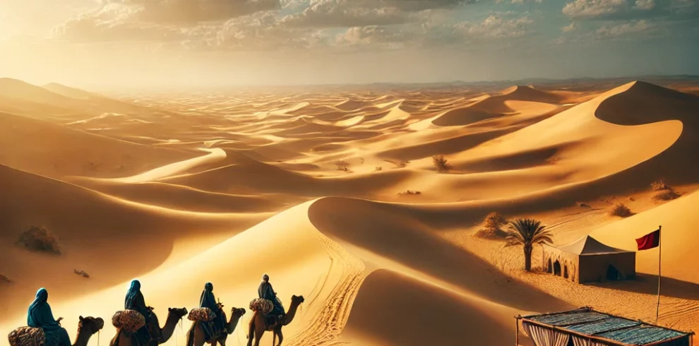 A scenic view of Douz, Tunisia, known as the 'gateway to the desert.' The image shows golden sand dunes stretching into the horizon under a blue sky.