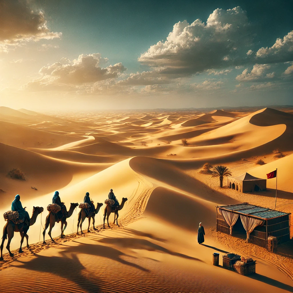 A scenic view of Douz, Tunisia, known as the 'gateway to the desert.' The image shows golden sand dunes stretching into the horizon under a blue sky.