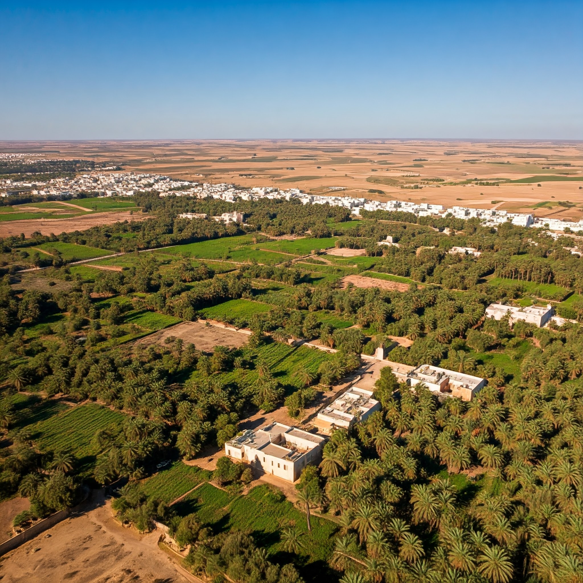 vue aérienne de Tozeur, plusieurs oasis non collé et pas trop de maison, de verdure située au cœur du désert, est connue pour sa palmeraie et ses paysages spectaculaires. 